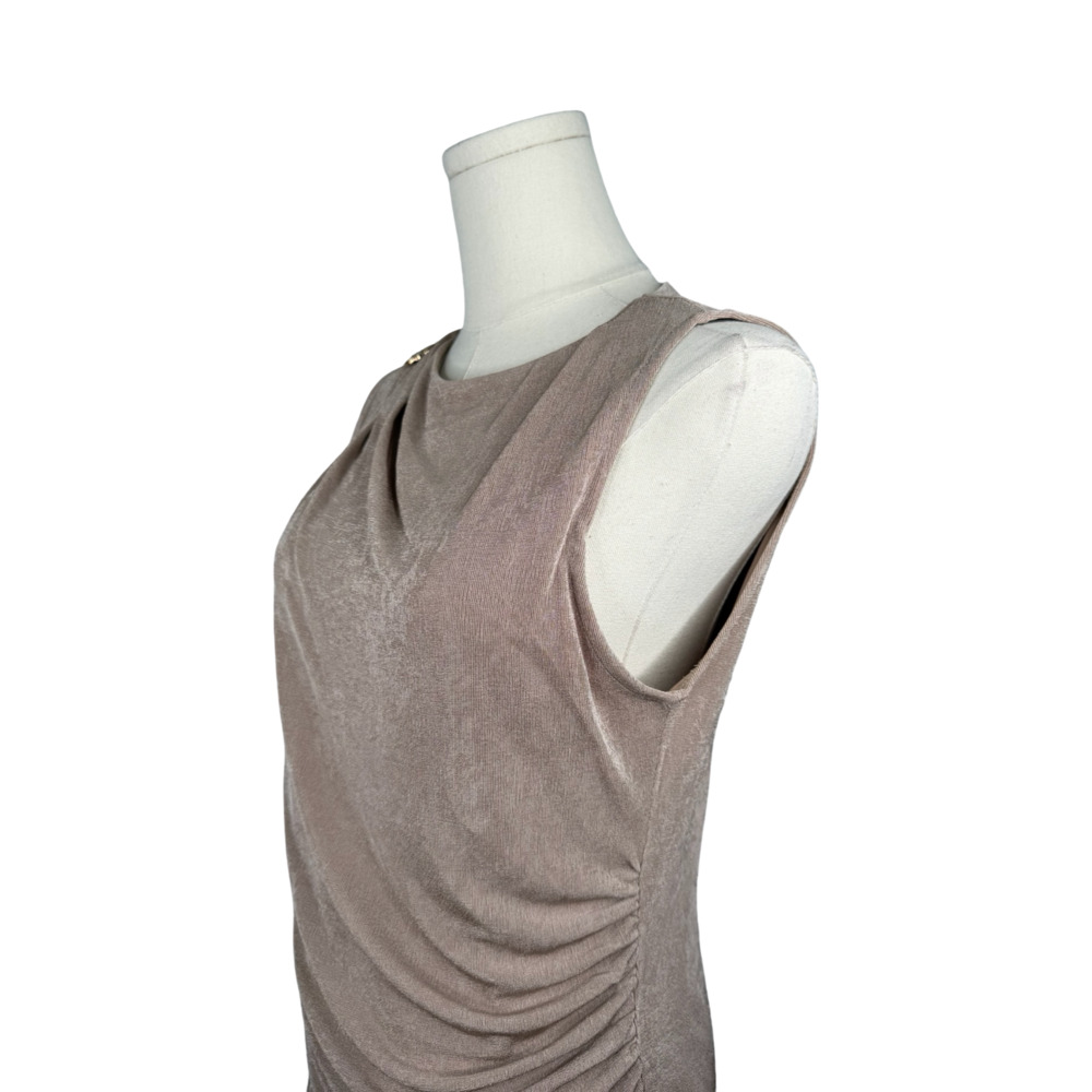 blush noir Sleeveless Ruched Metallic Taupe Knit Top Sz. L NWT - Picture 4 of 6